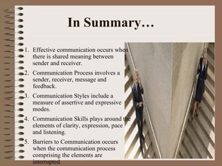 In Summary… Effective communication occurs when there is shared meaning between sender and receiver. Communication Process involves a sender, receiver, message and feedback. Communication Styles include a measure of assertive and expressive modes. Communication Skills plays around the elements of clarity, expression, pace and listening. Barriers to Communication occurs when the communication process comprising the elements are interrupted. 