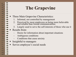 The Grapevine Three Main Grapevine Characteristics: Informal, not controlled by management Perceived by most employees as being more believable and reliable than formal communications Largely used to serve the self-interests of those who use it Results from: Desire for information about important situations Ambiguous conditions Conditions that cause anxiety Insightful to managers Serves employee’s social needs 