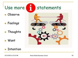 Use more ‘ I ’ statements
   Observe

   Feelings

   Thoughts

   Want

   Intention
12/3/2011 6:12:32 PM   Ratan Global Business School   20
 