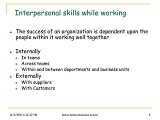 Interpersonal skills while working

    The success of an organization is dependent upon the
    people within it working well together

    Internally
        In teams
        Across teams
        Within and between departments and business units
    Externally
        With suppliers
        With Customers




12/3/2011 6:12:32 PM      Ratan Global Business School      5
 