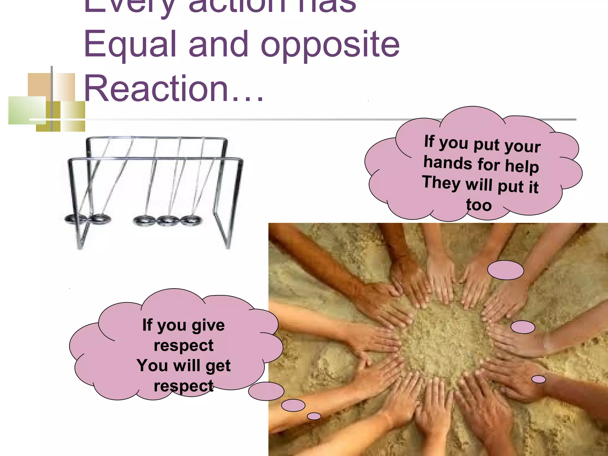 Every action has
Equal and opposite
Reaction…
                     If you put your
                     hands for help
                     They w ill put it
                           too




    If you give
      respect
   You will get
      respect
 