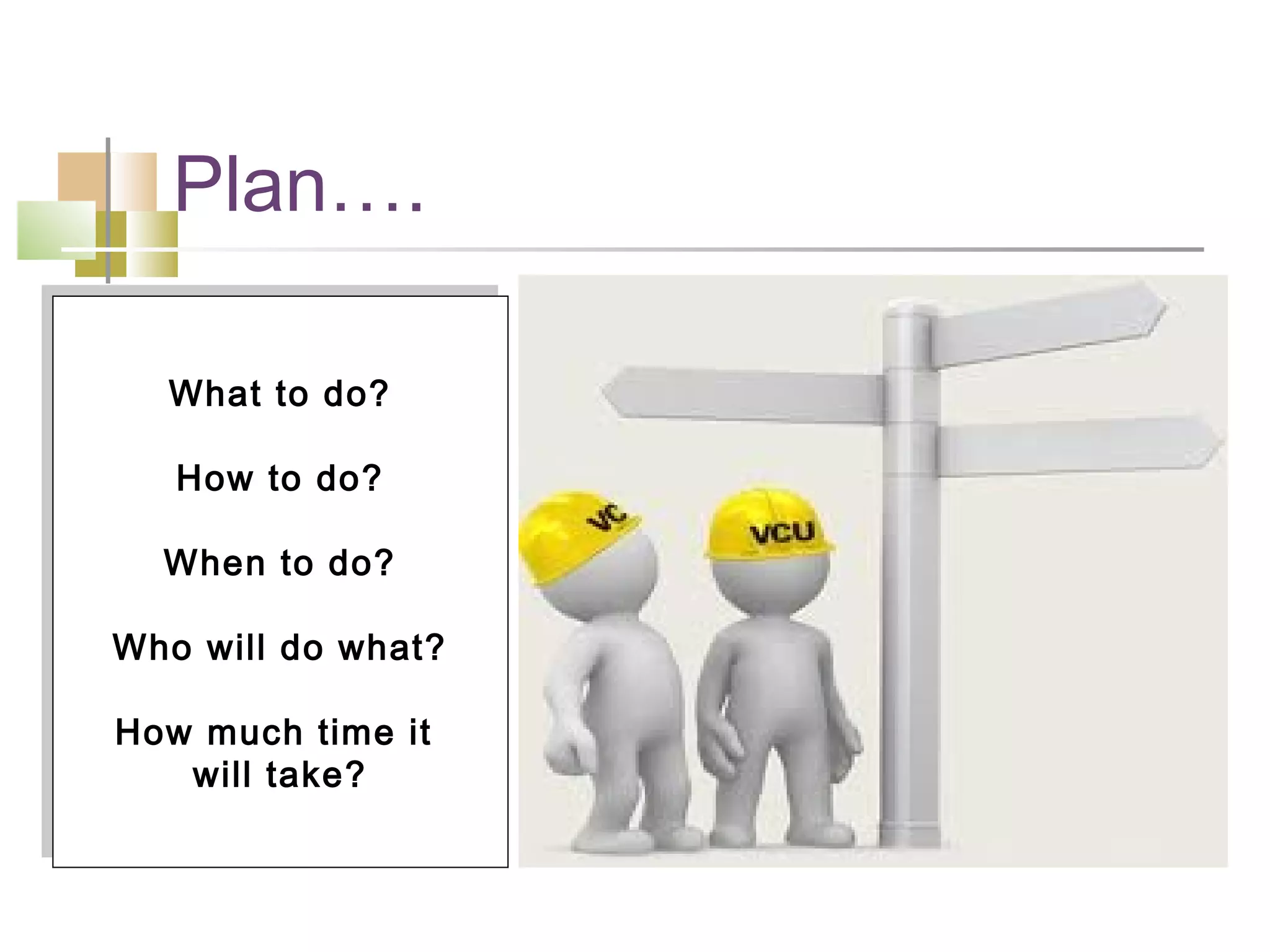 Plan….

  What to do?
  What to do?

   How to do?
   How to do?

  When to do?
  When to do?

Who will do what?
Who will do what?

How much time it
How much time it
   will take?
    will take?
 