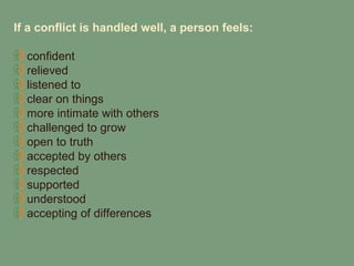 If a conflict is handled well, a person feels:

  confident
  relieved
  listened to
  clear on things
  more intimate with others
  challenged to grow
  open to truth
  accepted by others
  respected
  supported
  understood
  accepting of differences
 