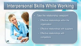 • Take the relationship viewpoint:
– Effective relationships within the
organization
– Effective relationships with suppliers
– Effective relationships with
competitors
 