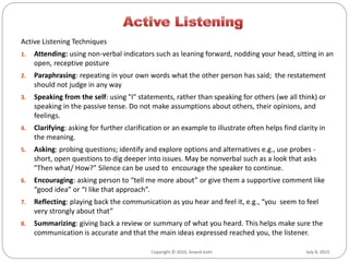 July 8, 2015Copyright © 2010, Anand Joshi July 8, 2015Copyright © 2010, Anand Joshi
Active Listening Techniques
1. Attending: using non-verbal indicators such as leaning forward, nodding your head, sitting in an
open, receptive posture
2. Paraphrasing: repeating in your own words what the other person has said; the restatement
should not judge in any way
3. Speaking from the self: using "I" statements, rather than speaking for others (we all think) or
speaking in the passive tense. Do not make assumptions about others, their opinions, and
feelings.
4. Clarifying: asking for further clarification or an example to illustrate often helps find clarity in
the meaning.
5. Asking: probing questions; identify and explore options and alternatives e.g., use probes -
short, open questions to dig deeper into issues. May be nonverbal such as a look that asks
"Then what/ How?” Silence can be used to encourage the speaker to continue.
6. Encouraging: asking person to “tell me more about” or give them a supportive comment like
“good idea” or “I like that approach”.
7. Reflecting: playing back the communication as you hear and feel it, e.g., “you seem to feel
very strongly about that”
8. Summarizing: giving back a review or summary of what you heard. This helps make sure the
communication is accurate and that the main ideas expressed reached you, the listener.
 