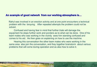 POSITIVE NETWORKING
An example of good network from our working atmosphere is…
Rahul was involved in an erection activity and at one point encounters a technical
problem with the torquing. After repeated attempts the problem could not be
solved.
Confused and having fear in mind that further trials will damage the
equipment he stops further work and ponders as to what can be done. One of his
team mates who was working in the vicinity sees him standing confused and
comes to his aid. He then goes on explaining on how to use the machine.
Hearing this conversation the other team mates who were working in the
same area also join the conversation, and they together brainstorm about various
problems that will come during operation and as also how to solve it.
 
