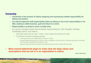 Ownership
– Ownership is the process of clearly assigning and expressing suitable responsibility for
feeling and actions.
– Un-owned statement shift responsibility either by taking on too much responsibility or too
little, leading to defensiveness, guilt and failure to correct.
– Responsibility is pushed to some invisible area.
– An owned message clearly demonstrates responsibility for self, thoughts, feelings,
knowledge claims, and actions.
• They often begin with an clear - I think, I want, rather than without an origin
• To produce an owned message requires
– knowing what you are really feeling, thinking or doing,
– honestly determining what you have to value, anticipate or want to think or feel this way when confronted
with the other’s statements and actions, and
– determining which are the thoughts and feeling that you wish to share with the other
• Most owned statements begin to make clear the deep values and
assumptions that are set in in an organization’s culture.
Written by Stanley Deetz
COMMUNICATION IN IP SKILLS
 