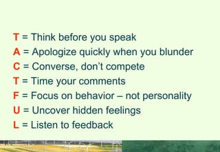 BE TACTFUL
T = Think before you speak
A = Apologize quickly when you blunder
C = Converse, don’t compete
T = Time your comments
F = Focus on behavior – not personality
U = Uncover hidden feelings
L = Listen to feedback
 