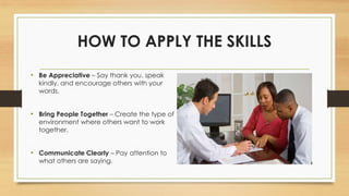 HOW TO APPLY THE SKILLS
• Be Appreciative – Say thank you, speak
kindly, and encourage others with your
words.
• Bring People Together – Create the type of
environment where others want to work
together.
• Communicate Clearly – Pay attention to
what others are saying.
 