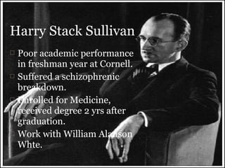  Poor academic performance
in freshman year at Cornell.
 Suffered a schizophrenic
breakdown.
 Enrolled for Medicine,
received degree 2 yrs after
graduation.
 Work with William Alanson
Whte.
Harry Stack Sullivan
 