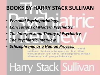 BOOKS BY HARRY STACK SULLIVAN
• Personal Psychopathology.
• Conceptions of Modern Psychiatry.
• The Interpersonal Theory of Psychiatry.
• The Psychiatric Interview.
• Schizophrenia as a Human Process.
 