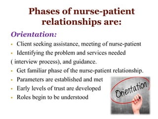 Phases of nurse-patient
relationships are:
Orientation:
 Client seeking assistance, meeting of nurse-patient
 Identifying the problem and services needed
( interview process), and guidance.
 Get familiar phase of the nurse-patient relationship.
 Parameters are established and met
 Early levels of trust are developed
 Roles begin to be understood
 