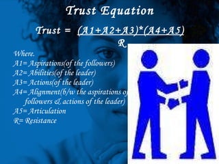 Trust Equation <ul><li>Trust =  (A1+A2+A3)*(A4+A5) </li></ul><ul><li>R </li></ul><ul><li>Where. </li></ul><ul><li>A1= Aspi...