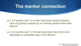 The mentor connection
S 1 in 3 women and 1 in 4 men have been victims of [some
form of] physical violence by an intimate partner within their
lifetime*
S 1 in 6 women and 1 in 33 men have been the victim of an
attempted or completed rape in her lifetime**
Source: *National Coalition Against Domestic Violence
**Rape, Abuse and Incest Nation Network
 