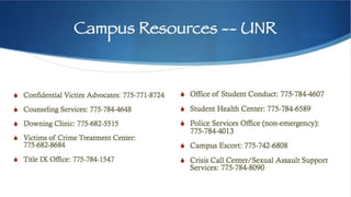 Campus Resources -- UNR
S Confidential Victim Advocates: 775-771-8724
S Counseling Services: 775-784-4648
S Downing Clinic: 775-682-5515
S Victims of Crime Treatment Center: 775-682-
8684
S Title IX Office: 775-784-1547
S Office of Student Conduct: 775-784-4607
S Student Health Center: 775-784-6589
S Police Services Office (non-emergency):
775-784-4013
S Campus Escort: 775-742-6808
S Crisis Call Center/Sexual Assault Support
Services: 775-784-8090
 