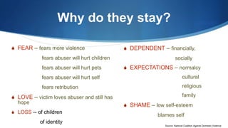 Why do they stay?
S FEAR – fears more violence
fears abuser will hurt children
fears abuser will hurt pets
fears abuser will hurt self
fears retribution
S LOVE – victim loves abuser and still has
hope
S LOSS -- of children
of identity
S DEPENDENT – financially,
socially
S EXPECTATIONS – normalcy
cultural
religious
family
S SHAME – low self-esteem
blames self
Source: National Coalition Against Domestic Violence
 