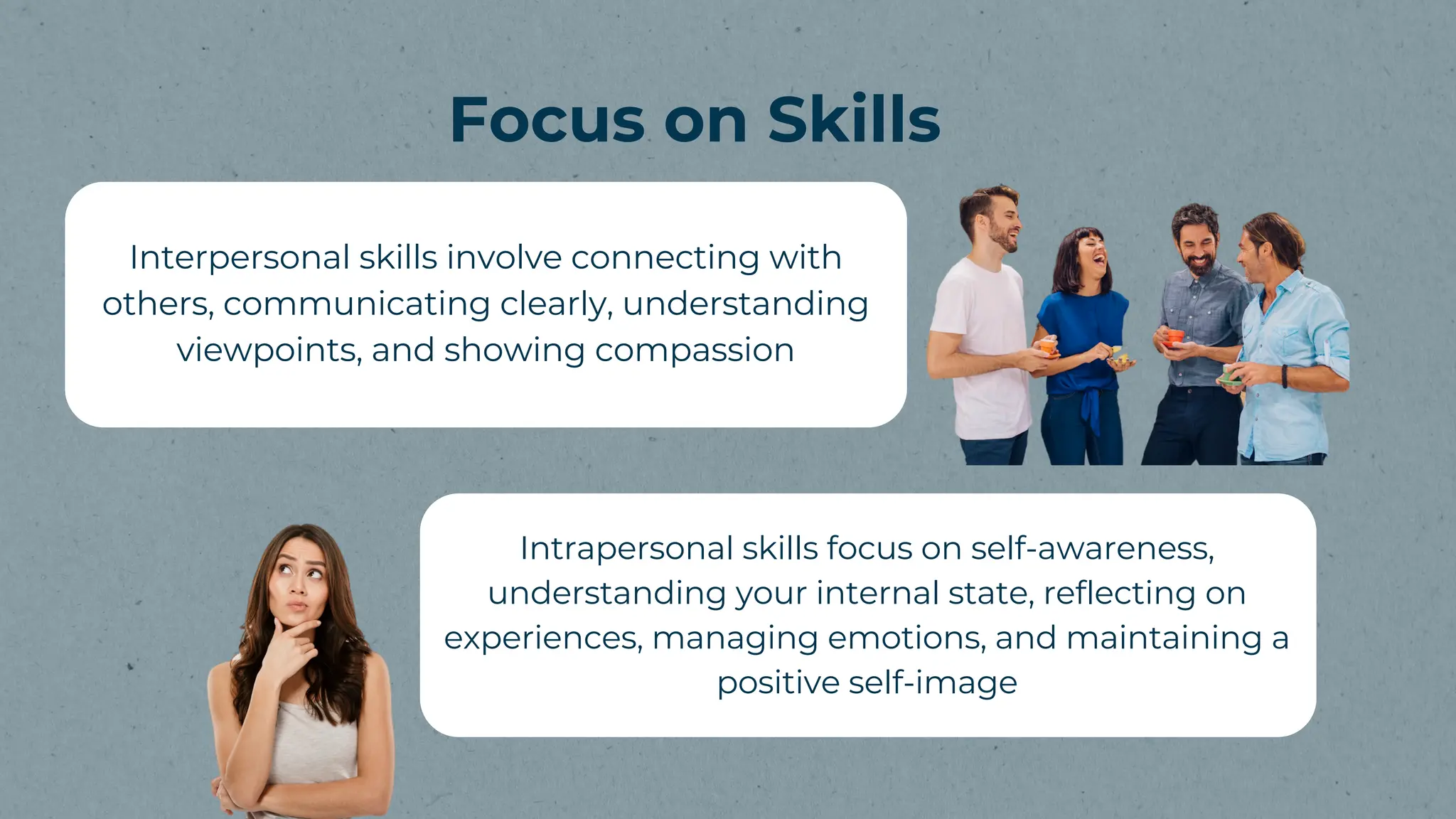 Interpersonal skills involve connecting with
others, communicating clearly, understanding
viewpoints, and showing compassion
Intrapersonal skills focus on self-awareness,
understanding your internal state, reflecting on
experiences, managing emotions, and maintaining a
positive self-image
Focus on Skills