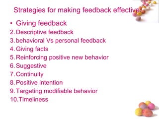 Strategies for making feedback effective <ul><li>Giving feedback </li></ul><ul><li>Descriptive feedback </li></ul><ul><li>...