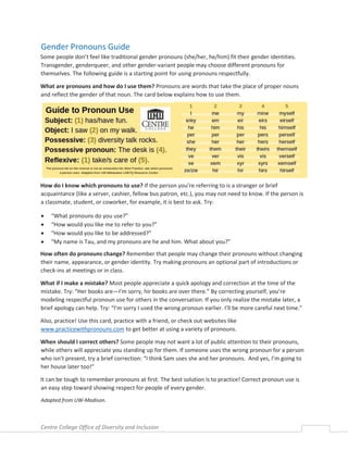 Gender Pronouns Guide
Some people don’t feel like traditional gender pronouns (she/her, he/him) fit their gender identities.
Transgender, genderqueer, and other gender-variant people may choose different pronouns for
themselves. The following guide is a starting point for using pronouns respectfully.
What are pronouns and how do I use them? Pronouns are words that take the place of proper nouns
and reflect the gender of that noun. The card below explains how to use them.
How do I know which pronouns to use? If the person you’re referring to is a stranger or brief
acquaintance (like a server, cashier, fellow bus patron, etc.), you may not need to know. If the person is
a classmate, student, or coworker, for example, it is best to ask. Try:
 “What pronouns do you use?”
 “How would you like me to refer to you?”
 “How would you like to be addressed?”
 “My name is Tau, and my pronouns are he and him. What about you?”
How often do pronouns change? Remember that people may change their pronouns without changing
their name, appearance, or gender identity. Try making pronouns an optional part of introductions or
check-ins at meetings or in class.
What if I make a mistake? Most people appreciate a quick apology and correction at the time of the
mistake. Try: “Her books are—I’m sorry, hir books are over there.” By correcting yourself, you’re
modeling respectful pronoun use for others in the conversation. If you only realize the mistake later, a
brief apology can help. Try: “I’m sorry I used the wrong pronoun earlier. I’ll be more careful next time.”
Also, practice! Use this card, practice with a friend, or check out websites like
www.practicewithpronouns.com to get better at using a variety of pronouns.
When should I correct others? Some people may not want a lot of public attention to their pronouns,
while others will appreciate you standing up for them. If someone uses the wrong pronoun for a person
who isn’t present, try a brief correction: “I think Sam uses she and her pronouns. And yes, I’m going to
her house later too!”
It can be tough to remember pronouns at first. The best solution is to practice! Correct pronoun use is
an easy step toward showing respect for people of every gender.
Adapted from UW-Madison.
Centre College Office of Diversity and Inclusion
 