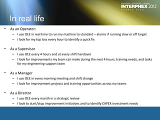 In real life
•   As an Operator:
     – I use OEE in real time to run my machine to standard – alarms if running slow or off target
     – I look for my top loss every hour to identify a quick fix

•   As a Supervisor
     – I use OEE every 4 hours and at every shift handover
     – I look for improvements my team can make during the next 4 hours, training needs, and tasks
       for my engineering support team

•   As a Manager
     – I use OEE in every morning meeting and shift change
     – I look for improvement projects and training opportunities across my teams

•   As a Director
     – I use OEE every month in a strategic review
     – I look to start/stop improvement initiatives and to identify CAPEX investment needs
 