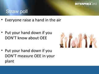 Straw poll
• Everyone raise a hand in the air

• Put your hand down if you
  DON’T know about OEE

• Put your hand down if you
  DON’T measure OEE in your
  plant
 