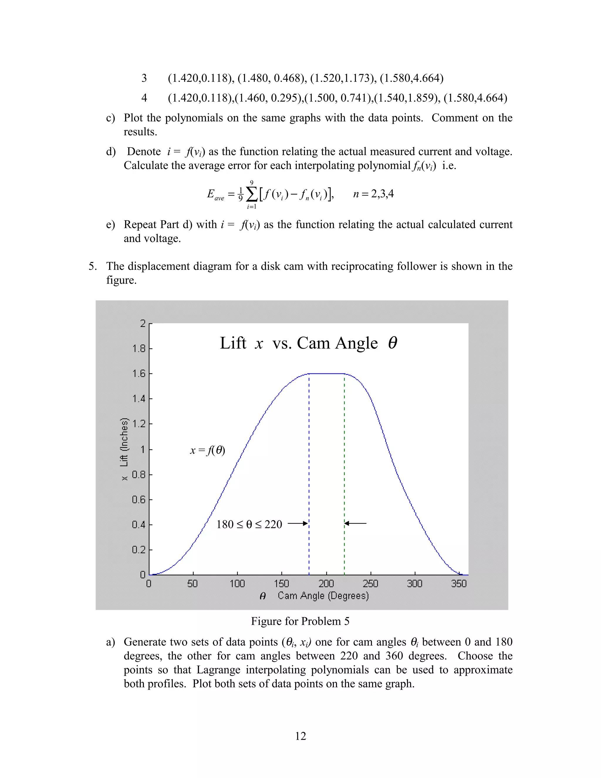 3     (1.420,0.118), (1.480, 0.468), (1.520,1.173), (1.580,4.664)
          4     (1.420,0.118),(1.460, 0.295),(1.500, 0.741),(1.540,1.859), (1.580,4.664)
   c) Plot the polynomials on the same graphs with the data points. Comment on the
      results.
   d) Denote i = f(vi) as the function relating the actual measured current and voltage.
      Calculate the average error for each interpolating polynomial fn(vi) i.e.
                                      9
                        Eave =   1
                                 9   ∑          f (vi ) − f n (vi ) ,   n = 2,3,4
                                     i =1

   e) Repeat Part d) with i = f(vi) as the function relating the actual calculated current
      and voltage.

5. The displacement diagram for a disk cam with reciprocating follower is shown in the
   figure.




                           Lift x vs. Cam Angle θ




                     x = f(θ)




                          180 ≤ θ ≤ 220




                                            θ

                                      Figure for Problem 5
   a) Generate two sets of data points (θi, xi) one for cam angles θi between 0 and 180
      degrees, the other for cam angles between 220 and 360 degrees. Choose the
      points so that Lagrange interpolating polynomials can be used to approximate
      both profiles. Plot both sets of data points on the same graph.



                                                        12
 