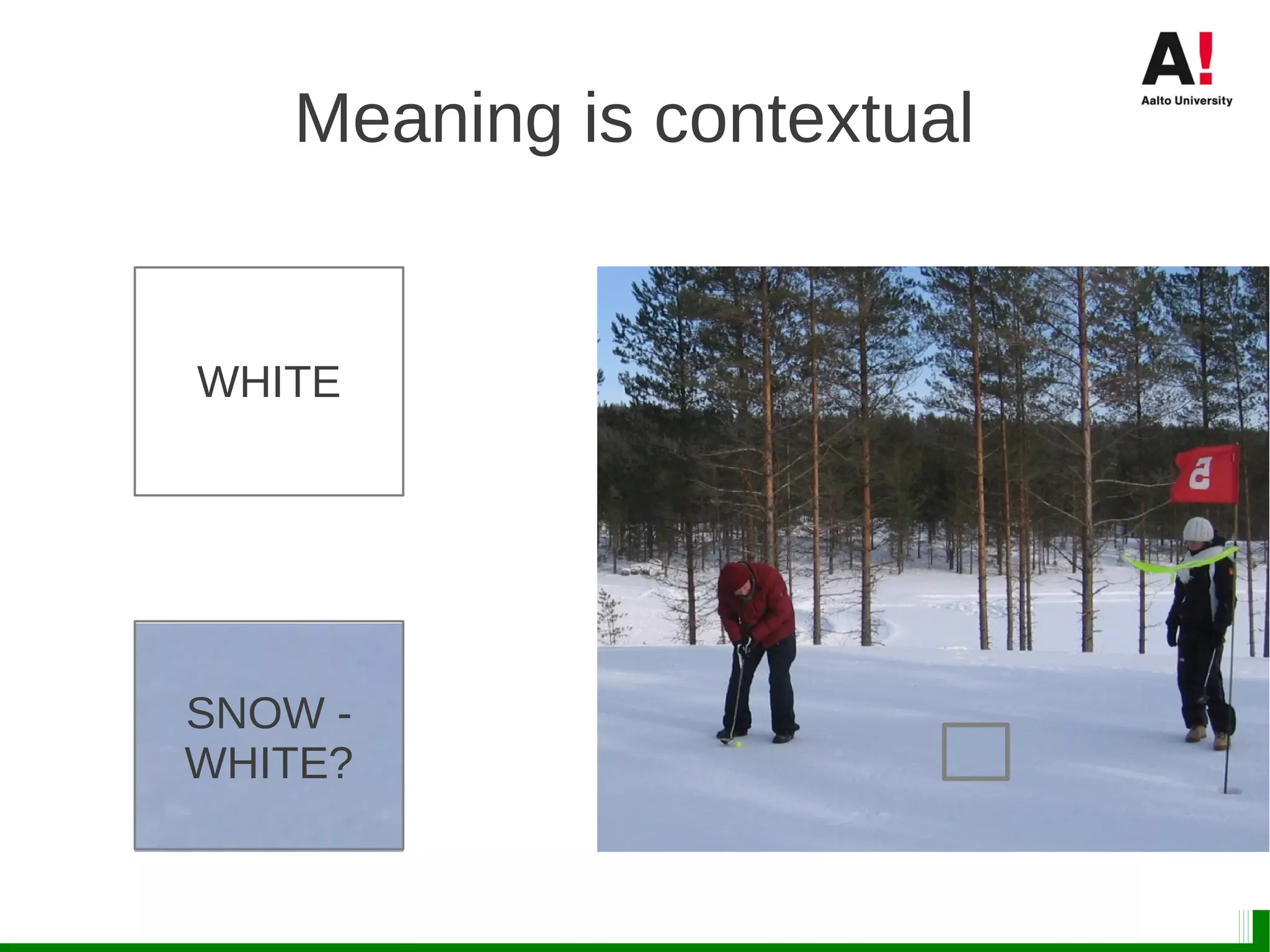 Meaning is contextual
SNOW -
WHITE?
WHITE
 