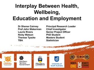Interplay Between Health,
         Wellbeing,
Education and Employment
  Dr Sheree Cairney    Principal Research Leader
  Prof John Wakerman   Chief Investigator
  Laurie Rivers        Senior Project Officer
  Nicky Watson         PhD Student
  Therese Tyacke       Masters Student
  TBA                  Statistician
 