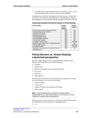 VIRTUAL SERVER HANDBOOK                                                            INTERPLUG CORPORATION



                              !     A Virtual Server is partitioned from the root of a physical server. This
                                    provides additional file security as well as Telnet capability.
                              Configuration at the client level empowers the client to use a Virtual Server
                              just as he or she would use a dedicated server. The table below compares
                              the capabilities of Virtual Hosting with the Interplug Virtual Server System.

                              Comparing Interplug Virtual Server System to Virtual Hosting
                                  Server Items                                    Virtual          Virtual
                                                                                  Server           Hosting
                                                                                  System
                                  Control of your own server environment               YES           NO
                                  Individual Web server (HTTP)                         YES           NO
                                  Individual FTP server                                YES           NO
                                  Individual POP server                                YES           NO
                                  Individual IMAP server                               YES           NO
                                  Individual SMTP gateway                              YES           NO
                                  "Virtual Root" access                                YES           NO
                                  Complete Telnet access                               YES          MAYBE
                                  Access to your Web server configuration files        YES           NO
                                  Full CGI-BIN access                                  YES          MAYBE
                                  Complete log files                                   YES          MAYBE
                                  Access to your password and aliases file and         YES           NO
                                  SENDMAIL.CF


                              Virtual Servers vs. Virtual Hosting–
                              a technical perspective
                              Because a single dedicated server is partitioned into multiple Virtual
                              Servers, each Virtual Server is given the following:
                              !     IP address
                              !     Domain name
                              !     Web server (complete log and configuration files)
                              !     FTP server
                              !     POP server
                              !     SMTP gateway
                              Not only does a Virtual Server have virtual hosting capability, the Virtual
                              Server also enables you to create the following:
                              !     Virtual web hosts
                              !     Virtual e-mail
                              !     Virtual FTP logins and anonymous FTP logins
                              !     Quota support

                              Note: A true Virtual Server is not simply a "virtually hosted"
                              (VirtualHost) site on a web server that you do not control. You have
                              "virtual root" access on your Virtual Server.

                              When you access your Virtual Server via Telnet, the following directories
                              are displayed just as they would be on a dedicated server:
                              !     Dev

HTTP://WWW.INTERPLUG.COM
COPYRIGHT  2001
DIGITAL TOOLS LLC / INTERPLUG CORPORATION                                                                   12
 