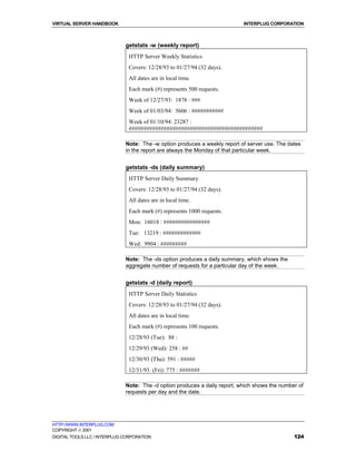 VIRTUAL SERVER HANDBOOK                                                     INTERPLUG CORPORATION



                              getstats -w (weekly report)
                               HTTP Server Weekly Statistics
                               Covers: 12/28/93 to 01/27/94 (32 days).
                               All dates are in local time.
                               Each mark (#) represents 500 requests.
                               Week of 12/27/93: 1878 : ###
                               Week of 01/03/94: 5606 : ###########
                               Week of 01/10/94: 23287 :
                               ##############################################

                              Note: The -w option produces a weekly report of server use. The dates
                              in the report are always the Monday of that particular week.


                              getstats -ds (daily summary)
                               HTTP Server Daily Summary
                               Covers: 12/28/93 to 01/27/94 (32 days).
                               All dates are in local time.
                               Each mark (#) represents 1000 requests.
                               Mon: 16018 : ################
                               Tue: 13219 : #############
                               Wed: 9904 : #########

                              Note: The -ds option produces a daily summary, which shows the
                              aggregate number of requests for a particular day of the week.


                              getstats -d (daily report)
                               HTTP Server Daily Statistics
                               Covers: 12/28/93 to 01/27/94 (32 days).
                               All dates are in local time.
                               Each mark (#) represents 100 requests.
                               12/28/93 (Tue): 88 :
                               12/29/93 (Wed): 258 : ##
                               12/30/93 (Thu): 591 : #####
                               12/31/93 (Fri): 775 : #######

                              Note: The -d option produces a daily report, which shows the number of
                              requests per day and the date.




HTTP://WWW.INTERPLUG.COM
COPYRIGHT  2001
DIGITAL TOOLS LLC / INTERPLUG CORPORATION                                                       124
 