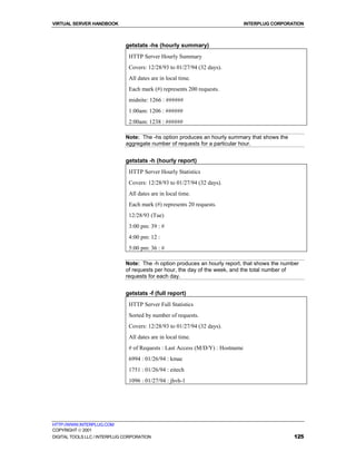 VIRTUAL SERVER HANDBOOK                                                         INTERPLUG CORPORATION



                              getstats -hs (hourly summary)
                               HTTP Server Hourly Summary
                               Covers: 12/28/93 to 01/27/94 (32 days).
                               All dates are in local time.
                               Each mark (#) represents 200 requests.
                               midnite: 1266 : ######
                               1:00am: 1206 : ######
                               2:00am: 1238 : ######

                              Note: The -hs option produces an hourly summary that shows the
                              aggregate number of requests for a particular hour.


                              getstats -h (hourly report)
                               HTTP Server Hourly Statistics
                               Covers: 12/28/93 to 01/27/94 (32 days).
                               All dates are in local time.
                               Each mark (#) represents 20 requests.
                               12/28/93 (Tue)
                               3:00 pm: 39 : #
                               4:00 pm: 12 :
                               5:00 pm: 36 : #

                              Note: The -h option produces an hourly report, that shows the number
                              of requests per hour, the day of the week, and the total number of
                              requests for each day.


                              getstats -f (full report)
                               HTTP Server Full Statistics
                               Sorted by number of requests.
                               Covers: 12/28/93 to 01/27/94 (32 days).
                               All dates are in local time.
                               # of Requests : Last Access (M/D/Y) : Hostname
                               6994 : 01/26/94 : kmac
                               1751 : 01/26/94 : eitech
                               1096 : 01/27/94 : jhvh-1




HTTP://WWW.INTERPLUG.COM
COPYRIGHT  2001
DIGITAL TOOLS LLC / INTERPLUG CORPORATION                                                        125
 