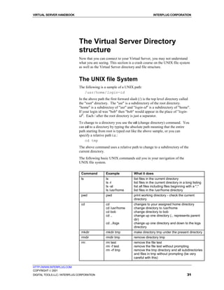 VIRTUAL SERVER HANDBOOK                                                             INTERPLUG CORPORATION




                              The Virtual Server Directory
                              structure
                              Now that you can connect to your Virtual Server, you may not understand
                              what you are seeing. This section is a crash course on the UNIX file system
                              as well as the Virtual Server directory and file structure.


                              The UNIX file System
                              The following is a sample of a UNIX path:
                                 /usr/home/login-id
                              In the above path the first forward slash (/) is the top level directory called
                              the "root" directory. The "usr" is a subdirectory of the root directory.
                              "home" is a subdirectoy of "usr" and "login-id" is a subdirectory of "home".
                              If your login id was "bob" then "bob" would appear in the place of "login-
                              id". Each / after the root directory is just a separator.
                              To change to a directory you use the cd (change directory) command. You
                              can cd to a directory by typing the absolute path meaning that the entire
                              path starting from root is typed out like the above sample, or you can
                              specify a relative path i.e.:
                                  cd tmp
                              The above command uses a relative path to change to a subdirectory of the
                              current directory.
                              The following basic UNIX commands aid you in your navigation of the
                              UNIX file system.


                               Command           Example             What it does
                               ls                ls                  list files in the current directory
                                                 ls -l               list files in the current directory in a long listing
                                                 ls -al              list all files including files beginning with a "."
                                                 ls /usr/home        list files in the /usr/home directory
                               pwd               pwd                 print working directory - check the current
                                                                     directory
                               cd                cd                  changes to your assigned home directory
                                                 cd /usr/home        change directory to /usr/home
                                                 cd bob              change directory to bob
                                                 cd ..               change up one directory (.. represents parent
                                                                     dir)
                                                 cd ../logs          change up one directory and down to the logs
                                                                     directory
                               mkdir             mkdir tmp           make directory tmp under the present directory
                               rmdir             rmdir tmp           remove directory tmp
                               rm                rm test             remove the file test
                                                 rm -f test          remove the file test without prompting
                                                 rm -rf tmp          remove the tmp directory and all subdirectories
                                                                     and files in tmp without prompting (be very
                                                                     careful with this)

HTTP://WWW.INTERPLUG.COM
COPYRIGHT  2001
DIGITAL TOOLS LLC / INTERPLUG CORPORATION                                                                     31
 