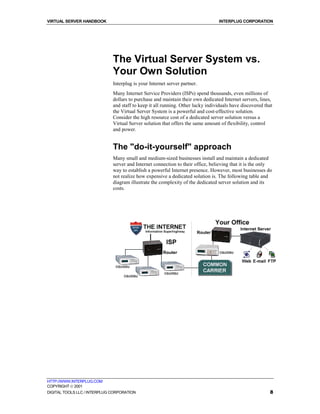VIRTUAL SERVER HANDBOOK                                                          INTERPLUG CORPORATION




                              The Virtual Server System vs.
                              Your Own Solution
                              Interplug is your Internet server partner.
                              Many Internet Service Providers (ISPs) spend thousands, even millions of
                              dollars to purchase and maintain their own dedicated Internet servers, lines,
                              and staff to keep it all running. Other lucky individuals have discovered that
                              the Virtual Server System is a powerful and cost-effective solution.
                              Consider the high resource cost of a dedicated server solution versus a
                              Virtual Server solution that offers the same amount of flexibility, control
                              and power.


                              The "do-it-yourself" approach
                              Many small and medium-sized businesses install and maintain a dedicated
                              server and Internet connection to their office, believing that it is the only
                              way to establish a powerful Internet presence. However, most businesses do
                              not realize how expensive a dedicated solution is. The following table and
                              diagram illustrate the complexity of the dedicated server solution and its
                              costs.




HTTP://WWW.INTERPLUG.COM
COPYRIGHT  2001
DIGITAL TOOLS LLC / INTERPLUG CORPORATION                                                                 8
 