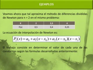 EJEMPLOS
Veamos ahora que tal aproxima el método de diferencias divididas
de Newton para n = 2 en el mismo problema:
La ecuación de interpolación de Newton es:
El trabajo consiste en determinar el valor de cada una de las
constantes según las formulas desarrolladas anteriormente:
X 2 2,5 4
F(x) 0,5 0,4 0,25
)
)(
(
)
(
)
( 1
0
2
0
1
0
2 x
x
x
x
a
x
x
a
a
x
P 





 