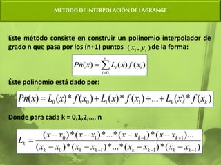 MÉTODODE INTERPOLACIÓNDE LAGRANGE
Este método consiste en construir un polinomio interpolador de
grado n que pasa por los (n+1) puntos de la forma:
Éste polinomio está dado por:
Donde para cada k = 0,1,2,…, n
)
,
( i
i y
x



n
i
i
i x
f
x
L
x
Pn
0
)
(
)
(
)
(
)
(
*
)
(
...
)
(
*
)
(
)
(
*
)
(
)
( 1
1
0
0 k
k x
f
x
L
x
f
x
L
x
f
x
L
x
Pn 



)
(
*
)
(
*
...
*
)
(
*
)
(
)...
(
*
)
(
*
...
*
)
(
*
)
(
1
1
1
0
1
1
1
0














k
k
k
k
k
k
k
k
k
k
x
x
x
x
x
x
x
x
x
x
x
x
x
x
x
x
L
 