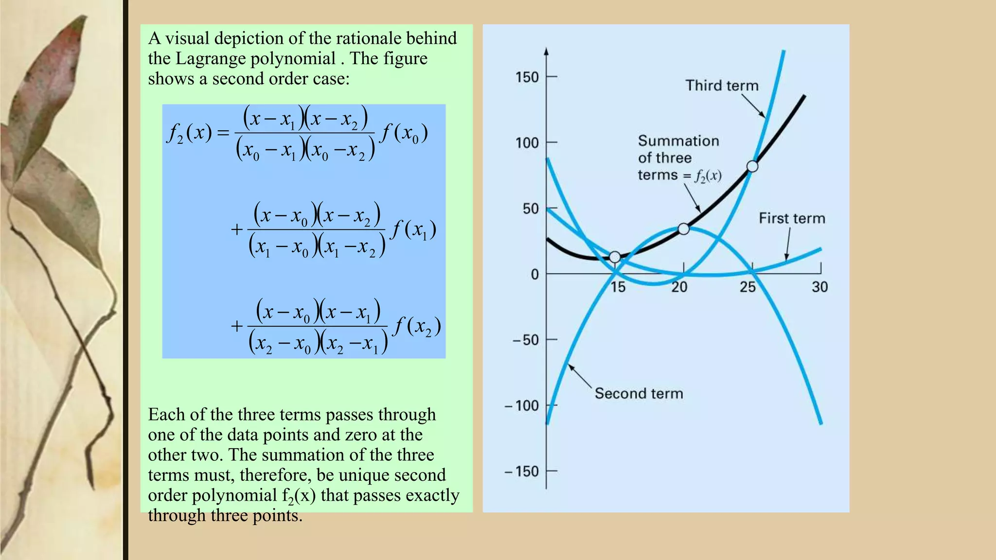 A visual depiction of the rationale behind
the Lagrange polynomial . The figure
shows a second order case:
Each of the three terms passes through
one of the data points and zero at the
other two. The summation of the three
terms must, therefore, be unique second
order polynomial f2(x) that passes exactly
through three points.
  
  
  
  
  
  
)(
)(
)()(
2
1202
10
1
2101
20
0
2010
21
2
xf
xxxx
xxxx
xf
xxxx
xxxx
xf
xxxx
xxxx
xf









 