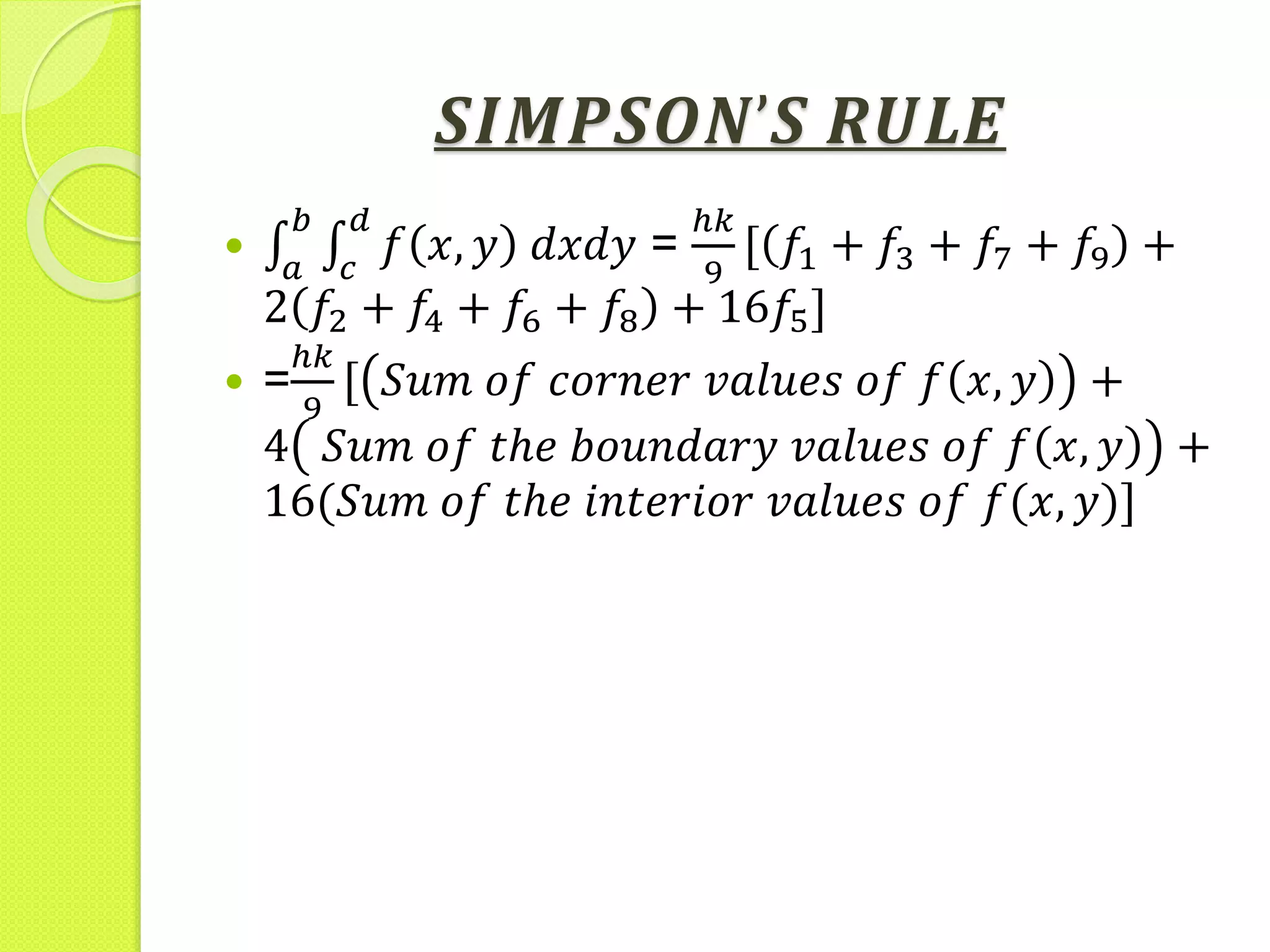 𝑺𝑰𝑴𝑷𝑺𝑶𝑵’𝑺 𝑹𝑼𝑳𝑬

𝑎
𝑏
𝑐
𝑑
𝑓 𝑥, 𝑦 𝑑𝑥𝑑𝑦 =
ℎ𝑘
9
𝑓1 + 𝑓3 + 𝑓7 + 𝑓9 +
2 𝑓2 + 𝑓4 + 𝑓6 + 𝑓8 + 16𝑓5]
 =
ℎ𝑘
9
𝑆𝑢𝑚 𝑜𝑓 𝑐𝑜𝑟𝑛𝑒𝑟 𝑣𝑎𝑙𝑢𝑒𝑠 𝑜𝑓 𝑓 𝑥, 𝑦 +
4 𝑆𝑢𝑚 𝑜𝑓 𝑡ℎ𝑒 𝑏𝑜𝑢𝑛𝑑𝑎𝑟𝑦 𝑣𝑎𝑙𝑢𝑒𝑠 𝑜𝑓 𝑓 𝑥, 𝑦 +
16(𝑆𝑢𝑚 𝑜𝑓 𝑡ℎ𝑒 𝑖𝑛𝑡𝑒𝑟𝑖𝑜𝑟 𝑣𝑎𝑙𝑢𝑒𝑠 𝑜𝑓 𝑓(𝑥, 𝑦)]
 