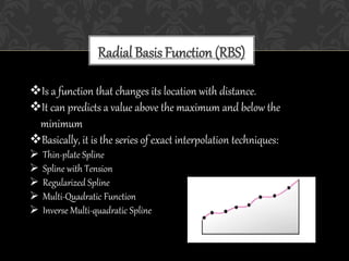 Radial Basis Function (RBS)
Is a function that changes its location with distance.
It can predicts a value above the maximum and below the
minimum
Basically, it is the series of exact interpolation techniques:
 Thin-plate Spline
 Spline with Tension
 Regularized Spline
 Multi-Quadratic Function
 Inverse Multi-quadratic Spline
 