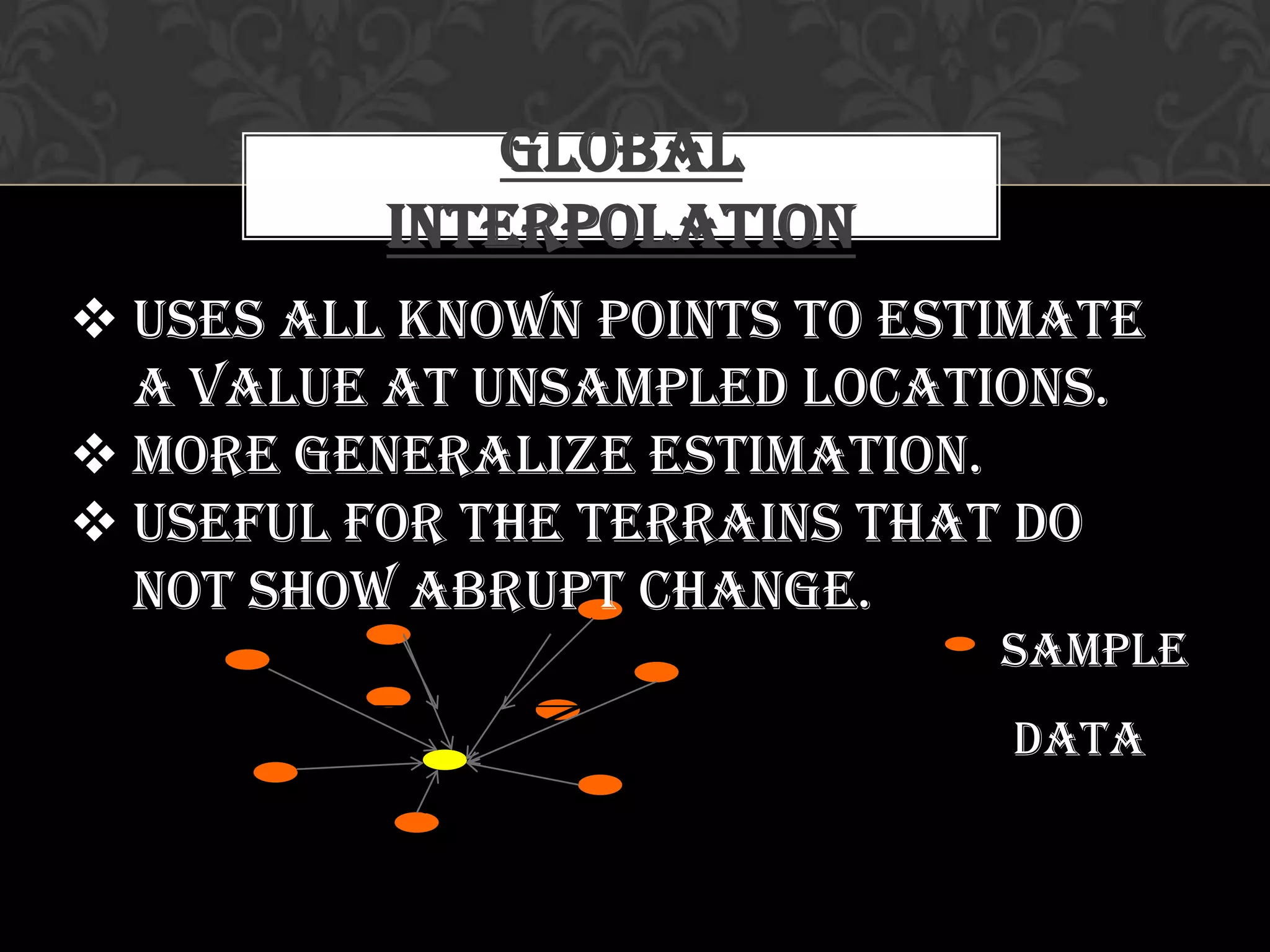 Global
Interpolation
Sample
data
 Uses all Known Points to estimate
a value at unsampled locations.
 More generalize estimation.
 Useful for the terrains that do
not show abrupt change.
 