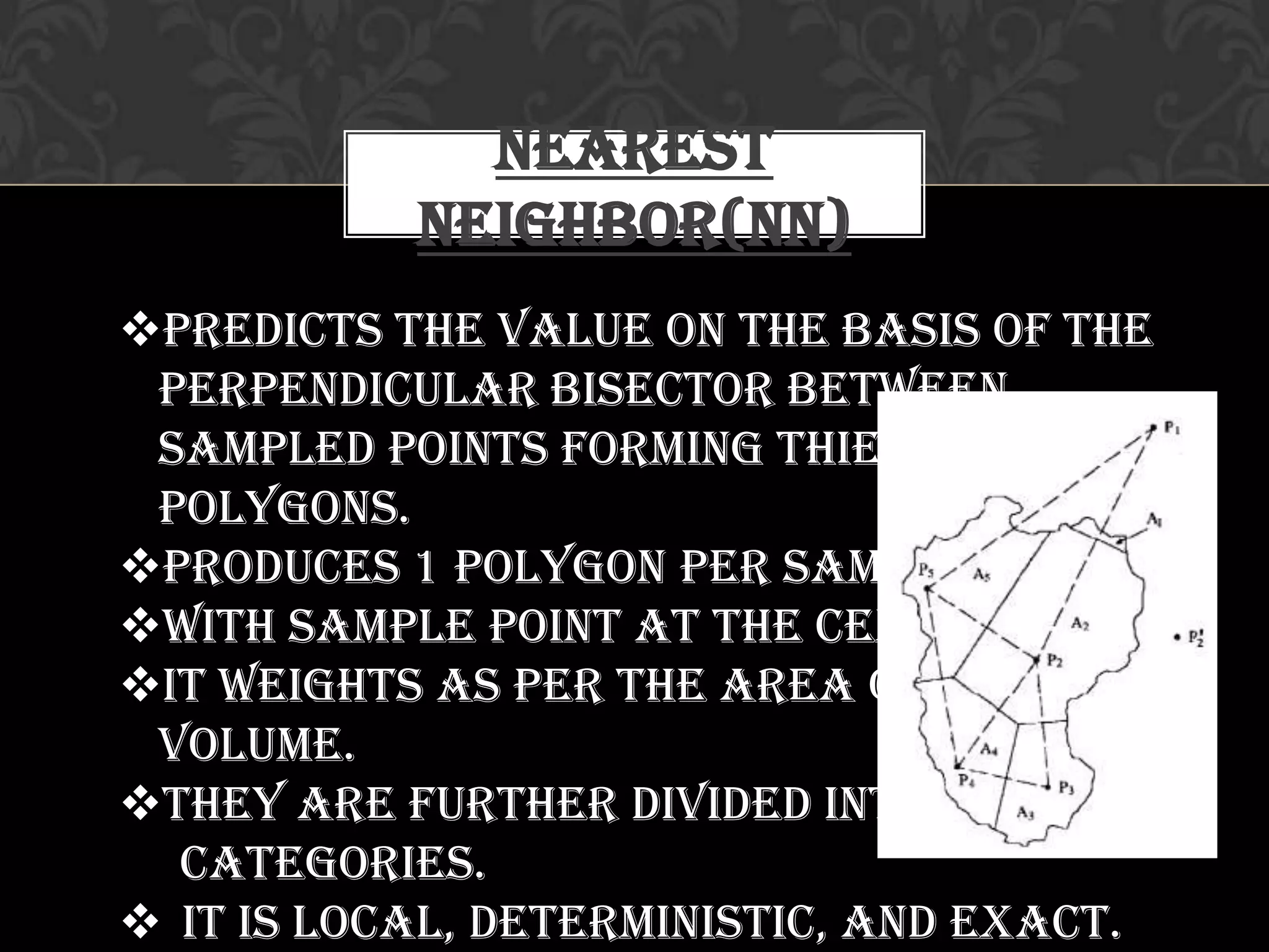 Nearest
Neighbor(NN)
Predicts the value on the basis of the
perpendicular bisector between
sampled points forming Thiession
Polygons.
Produces 1 polygon per sample point,
With sample point at the center.
It weights as per the area or the
volume.
They are further divided into two more
categories.
 It is Local, Deterministic, and Exact.
 