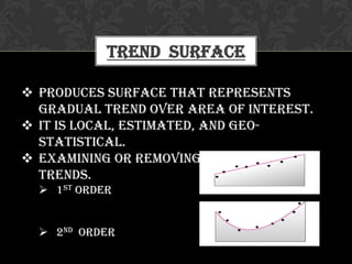 Trend Surface
 Produces surface that represents
gradual trend over area of interest.
 It is Local, Estimated, and Geo-
statistical.
 Examining or removing the long range
trends.
 1st Order
 2nd Order
 