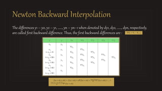 Newton Backward Interpolation
The differences y1 – y0, y2 – y1, ……, yn – yn–1 when denoted by dy1, dy2, ……, dyn, respectively,
are called first backward difference. Thus, the first backward differences are :
 