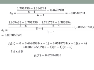 𝑏2 =
1.791759 − 1.386294
6 − 4 − 0.4620981
6 − 1
= −0.0518731
𝑏3 =
1.609438 − 1.791759
5 − 6
−
1.791759 − 1.386294
6 − 4
5 − 4
− (−0.0518731)
5 − 1
= 0.007865529
𝑓3 𝑥 = 0 + 0.4620981 𝑥 − 1 − 0.0518731 𝑥 − 1 𝑥 − 4
+0.007865529 𝑥 − 1 𝑥 − 4 𝑥 − 6
1 ≤ x ≤ 6
𝑓3 2 = 0.62876886
 