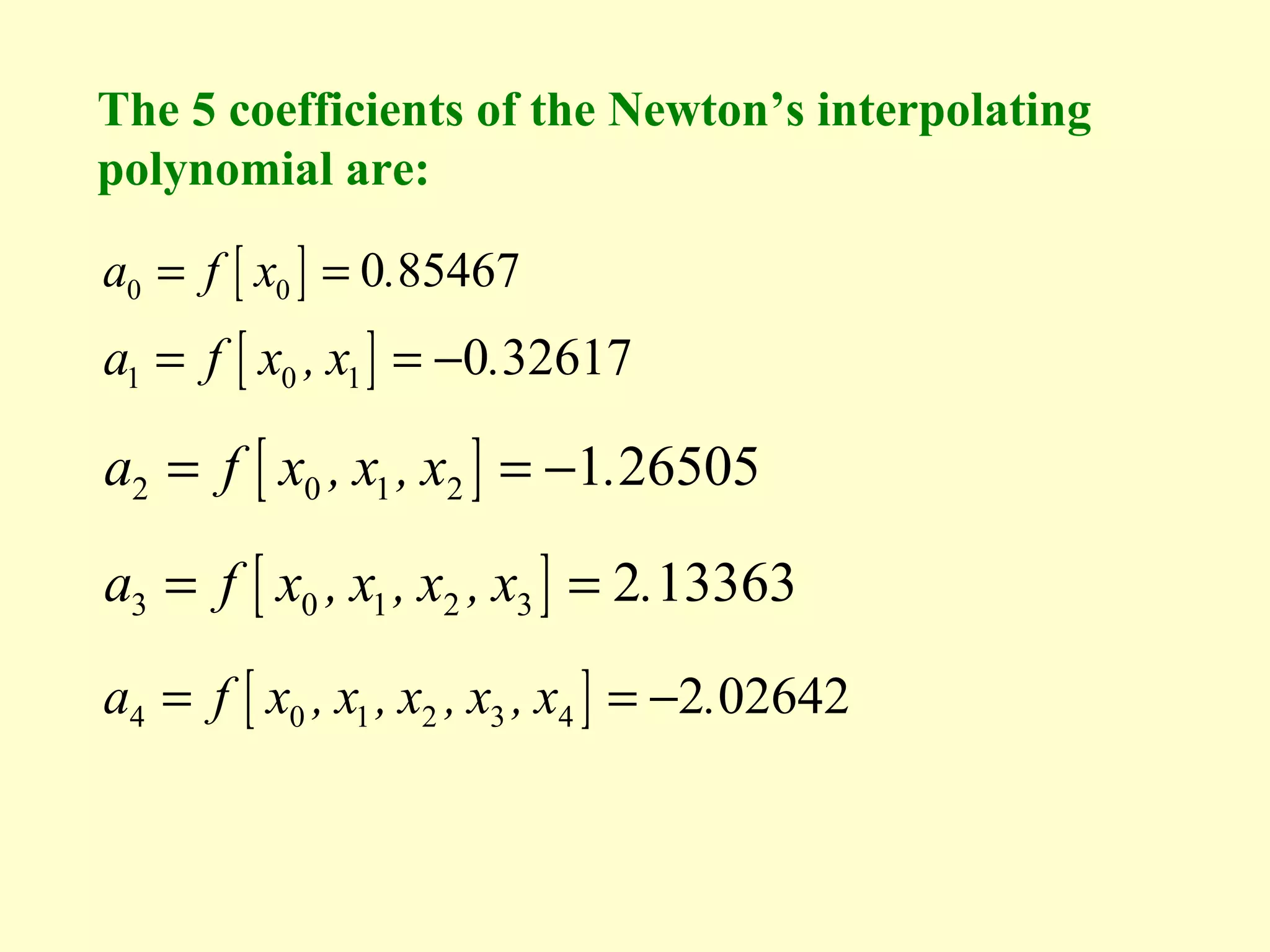 The 5 coefficients of the Newton’s interpolating
polynomial are:

a0 = f [ x0 ] = 0.85467

a1 = f [ x0 , x1 ] = −0.32617

a2 = f [ x0 , x1 , x2 ] = −1.26505
a3 = f [ x0 , x1 , x2 , x3 ] = 2.13363
a4 = f [ x0 , x1 , x2 , x3 , x4 ] = −2.02642

 
