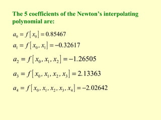 The 5 coefficients of the Newton’s interpolating
polynomial are:

a0 = f [ x0 ] = 0.85467

a1 = f [ x0 , x1 ] = −0.32617

a2 = f [ x0 , x1 , x2 ] = −1.26505
a3 = f [ x0 , x1 , x2 , x3 ] = 2.13363
a4 = f [ x0 , x1 , x2 , x3 , x4 ] = −2.02642

 