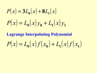 P( x ) = 3 L0 ( x ) + 8 L1 ( x )

P( x ) = L0 ( x ) y0 + L1 ( x ) y1
Lagrange Interpolating Polynomial

P( x ) = L0 ( x ) f ( x0 ) + L1 ( x ) f ( x1 )

 