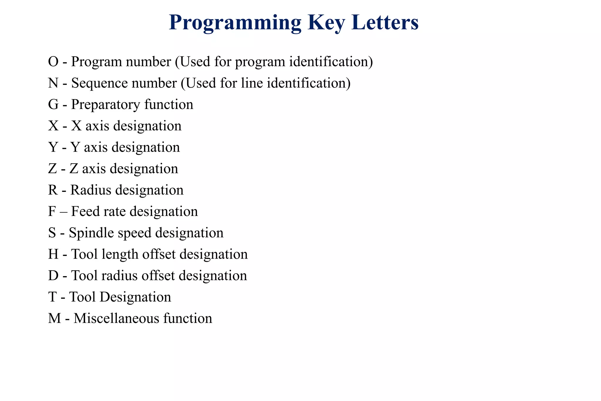 Programming Key Letters
O - Program number (Used for program identification)
N - Sequence number (Used for line identification)
G - Preparatory function
X - X axis designation
Y - Y axis designation
Z - Z axis designation
R - Radius designation
F – Feed rate designation
S - Spindle speed designation
H - Tool length offset designation
D - Tool radius offset designation
T - Tool Designation
M - Miscellaneous function
 
