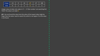 Integer -13 0 10 17 27 100
Index 0 1 2 3 4 5
Integer value at index mid_index is 17 = 17 (the number I am searching for)
YEAH! The value is at index 3
@ If I do not found the value here the value of the lowest index might be
larger than the value I want to search for, which is not logical. If so the value
is not found.
 