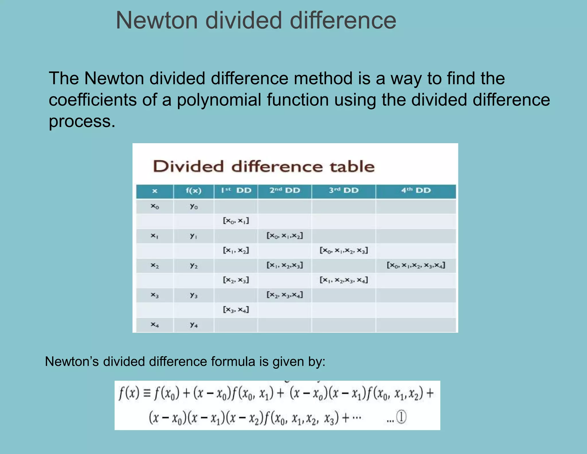 Newton divided difference
The Newton divided difference method is a way to find the
coefficients of a polynomial function using the divided difference
process.
Newton’s divided difference formula is given by:
 