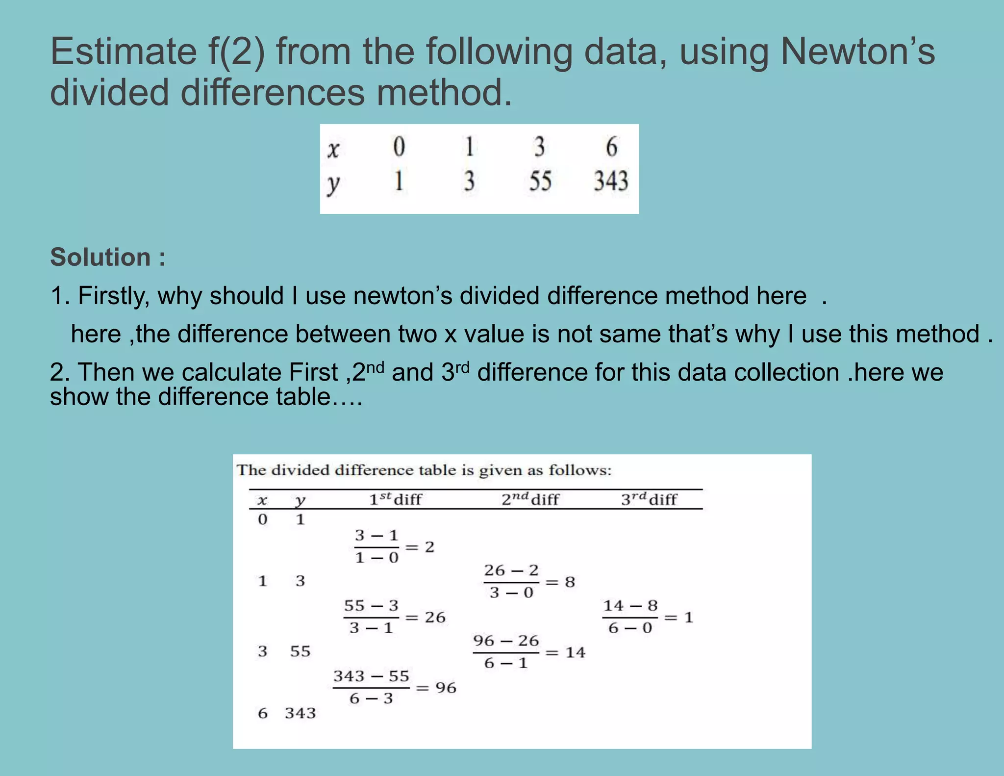 Estimate f(2) from the following data, using Newton’s
divided differences method.
Solution :
1. Firstly, why should I use newton’s divided difference method here .
here ,the difference between two x value is not same that’s why I use this method .
2. Then we calculate First ,2nd and 3rd difference for this data collection .here we
show the difference table….
 